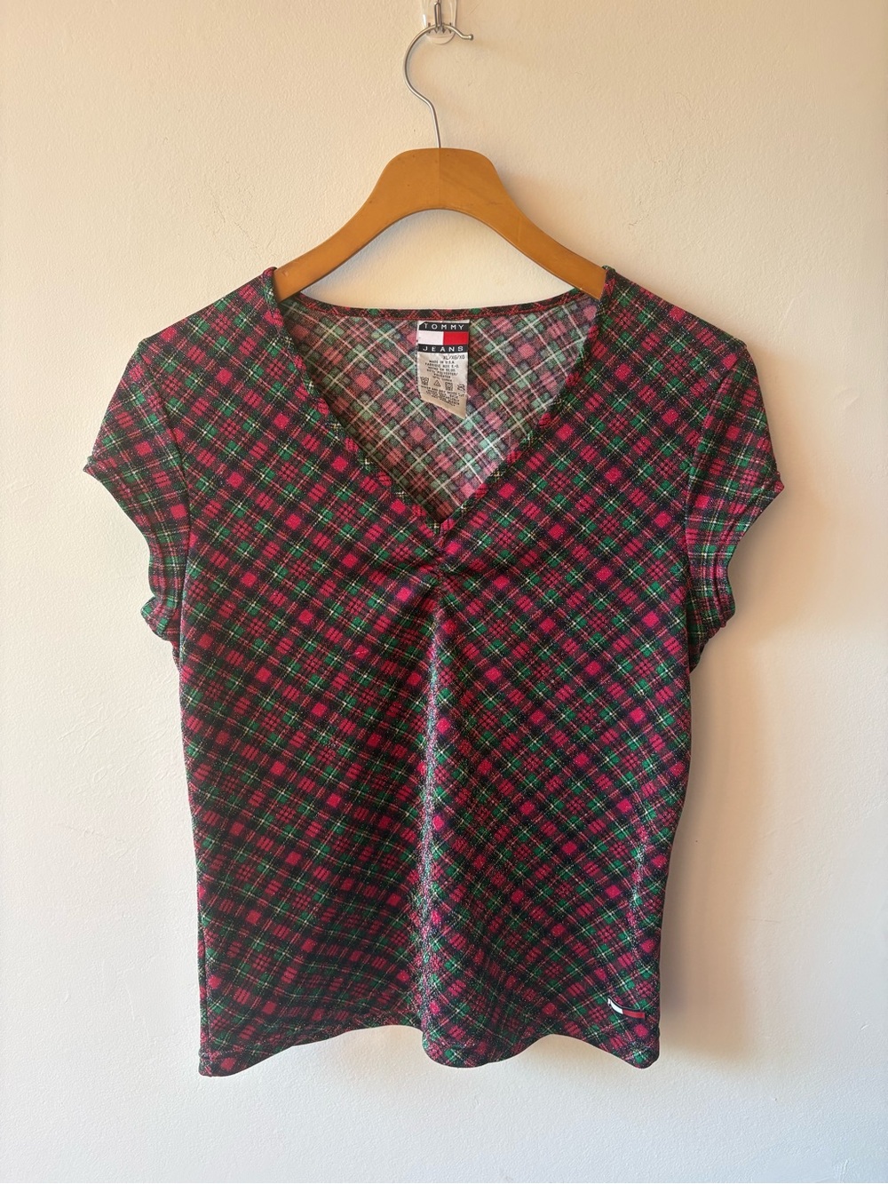 Vintage Tommy Hilfiger Jeans Plaid Lurex Shimmer V-Neck Top Size XL